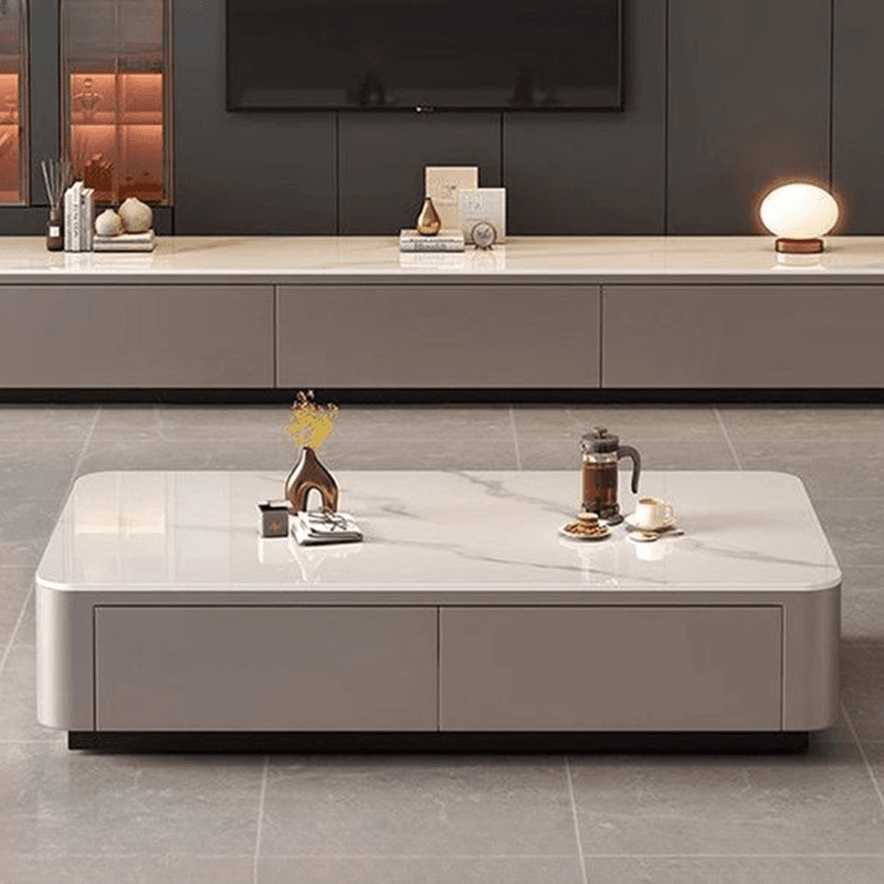 Contemporary Design Single Set Geometric Figure Rock Top Board Game Coffee Table with Block Base in Gray/Chalk and 2 Drawers thumbnail 5