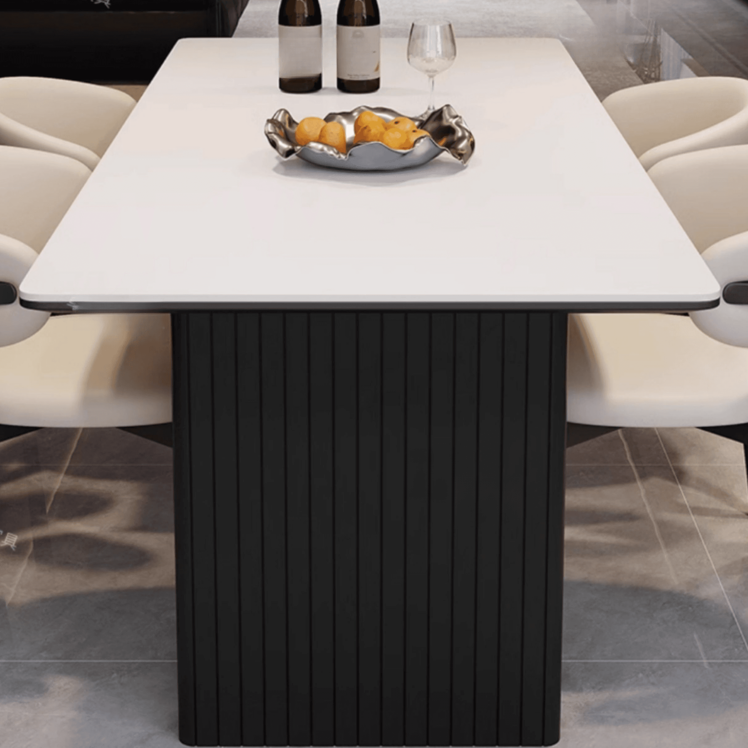 Dining Table Set with Rectangular Slate Stone Top and Two-sided Pedestal, Padded Chair with Back, 5-piece in White thumbnail 9