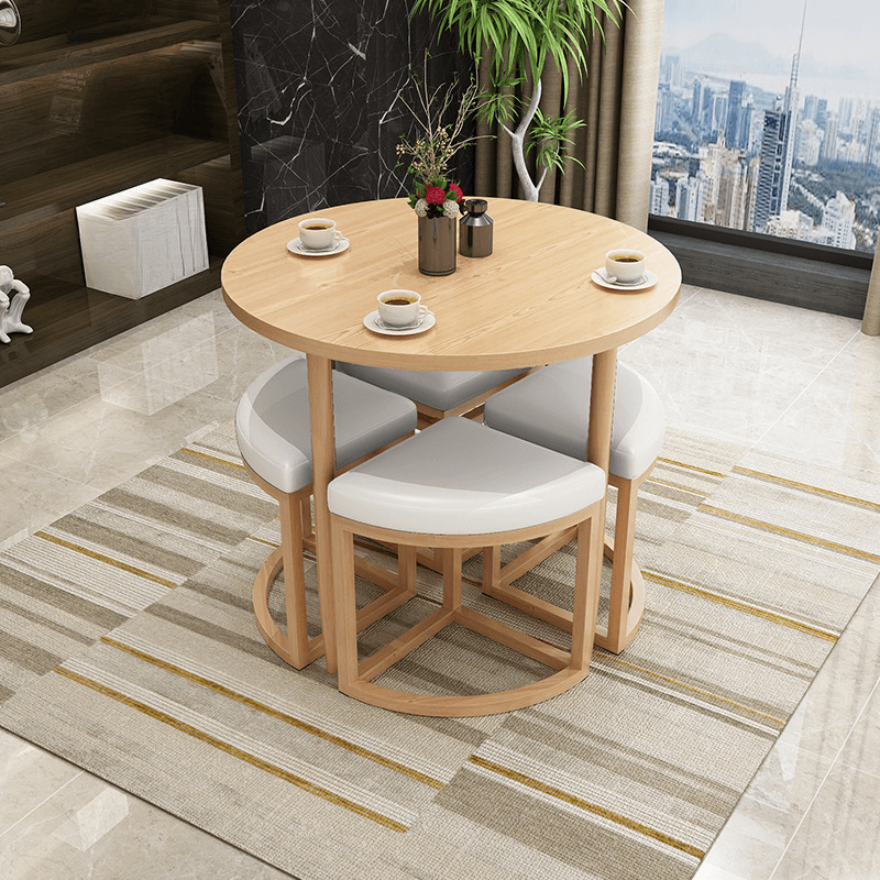 Reclaimed Wood Round Dining Table Set with Metal Toboggan Base and Upholstered Backless Chairs for 4 People thumbnail 28