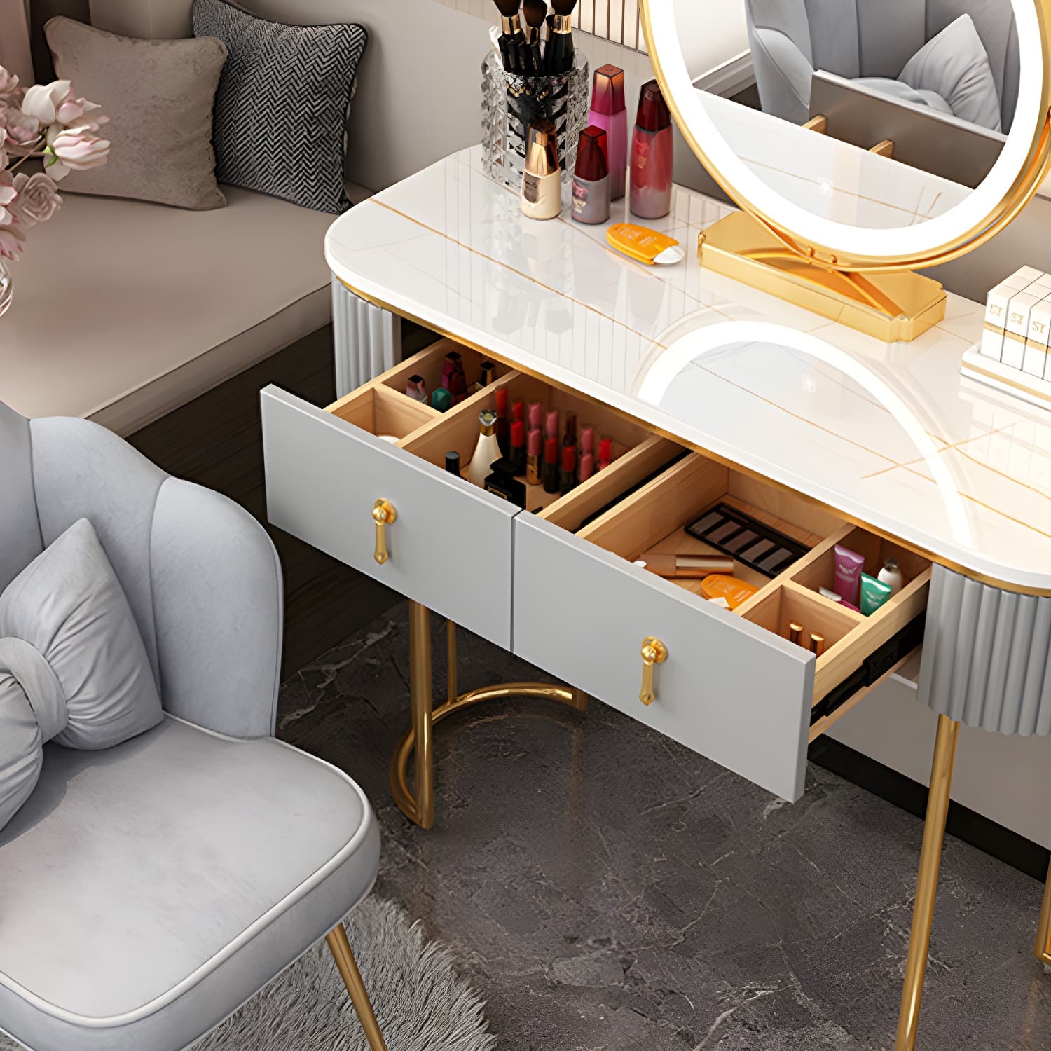 Lighted Mirror Makeup Vanity Storage Box Vanity Dressing Table for Bedroom thumbnail 14