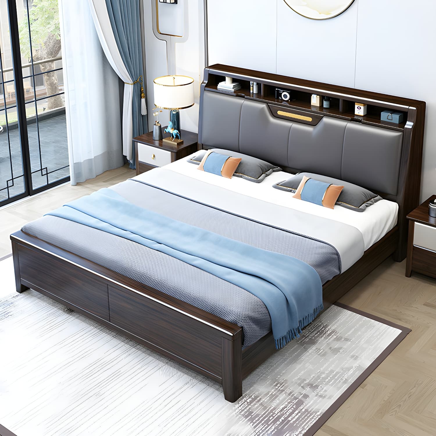 Brown Upholstery Wood Bed with Headboard – Modern Style, Full Assembly Needed thumbnail 3