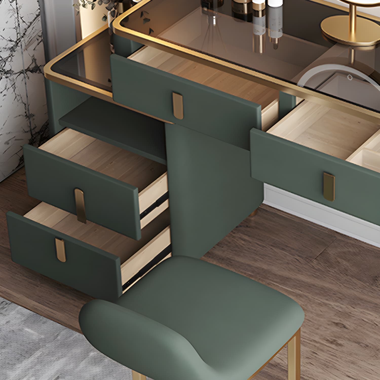 Glass Top Dressing Table Solid Wood Green Make-up Vanity with Drawers thumbnail 7