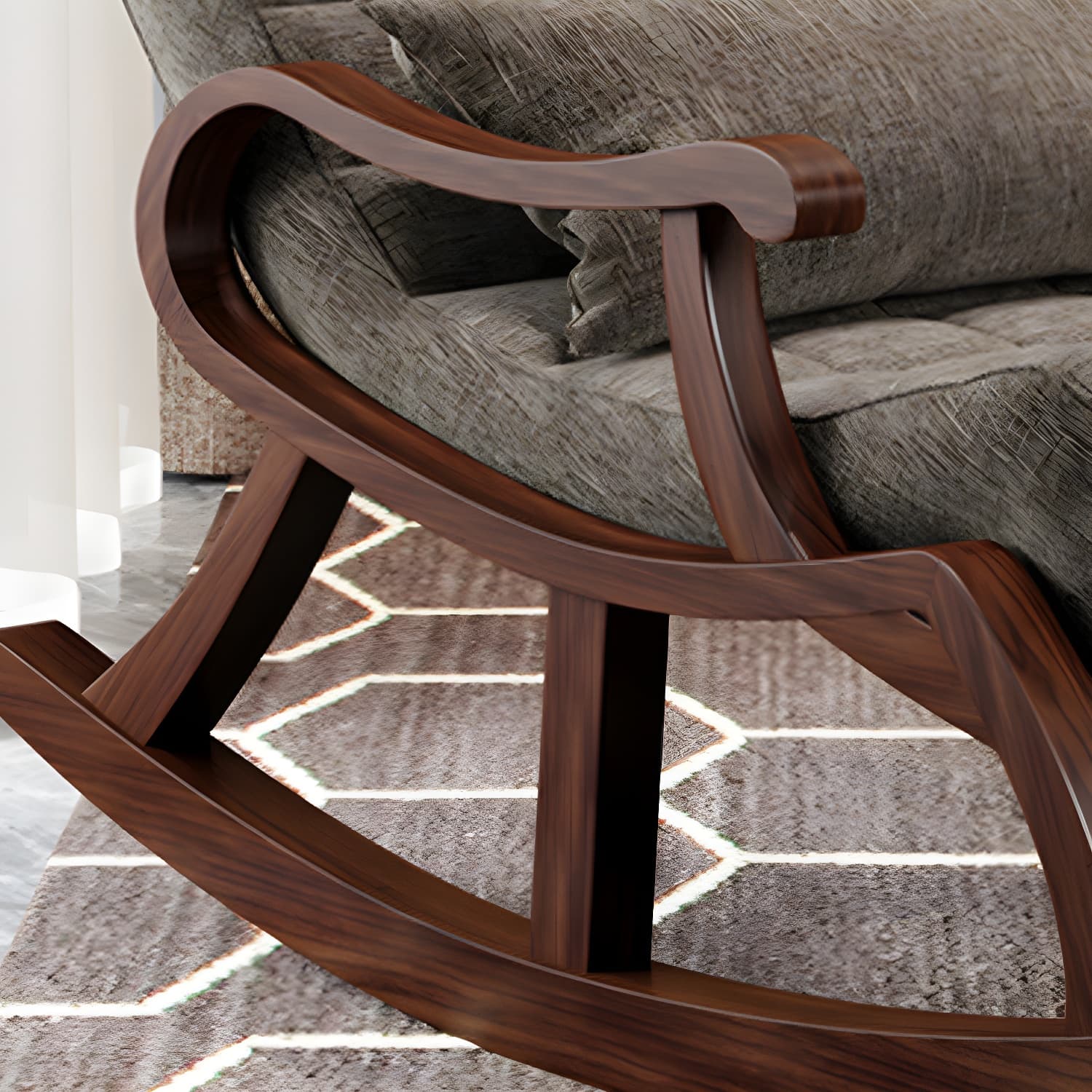 Stylish Modern Upholstered Rocking Chair with Brown Wood Legs and Track Arms thumbnail 21