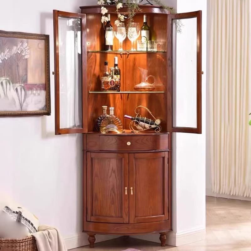 Corner Accent Cabinet with Storage Drawer, Closet, Glazed Door, Cabinet Knobs, Brown Top, and LED Lighting thumbnail 3