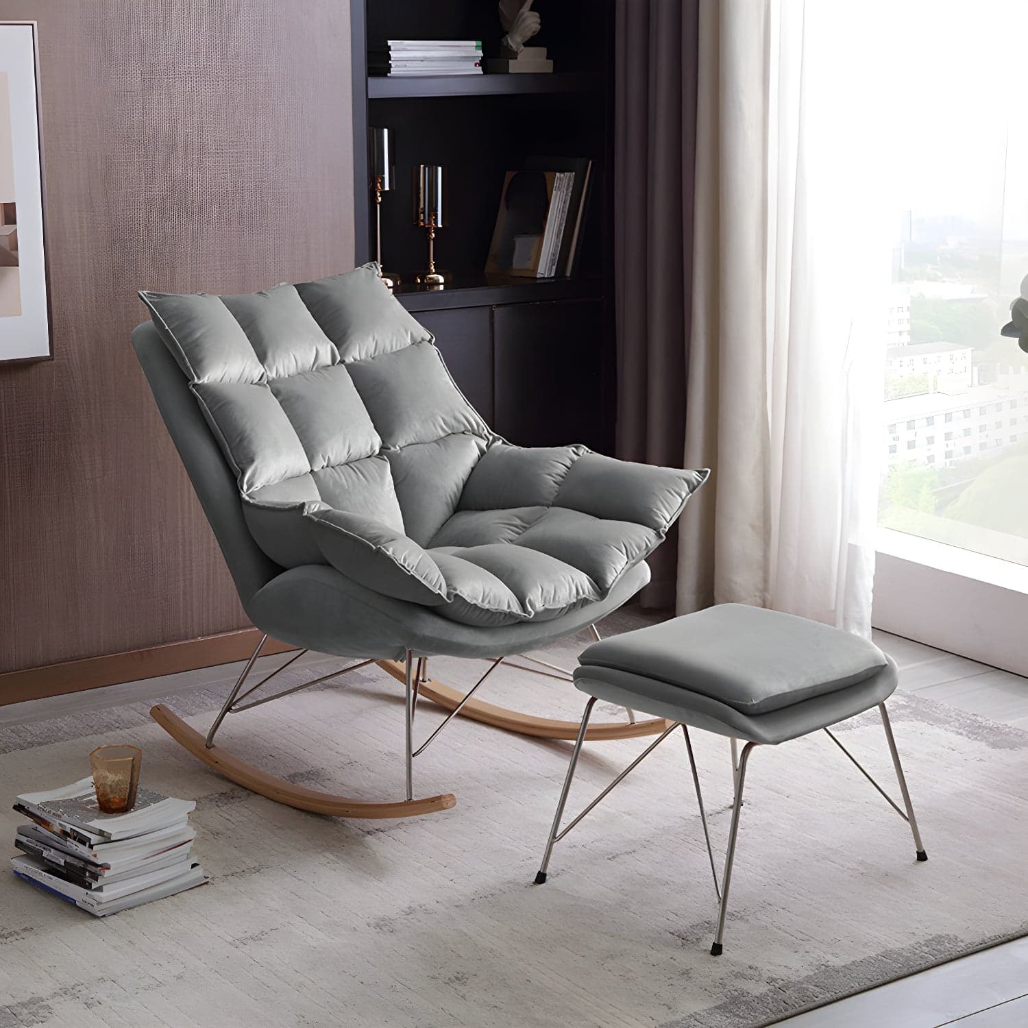 Modern Indoor Sofa Rocking Chair Mother Feeding Rocking Chair with Cushion and Ottoman thumbnail 1