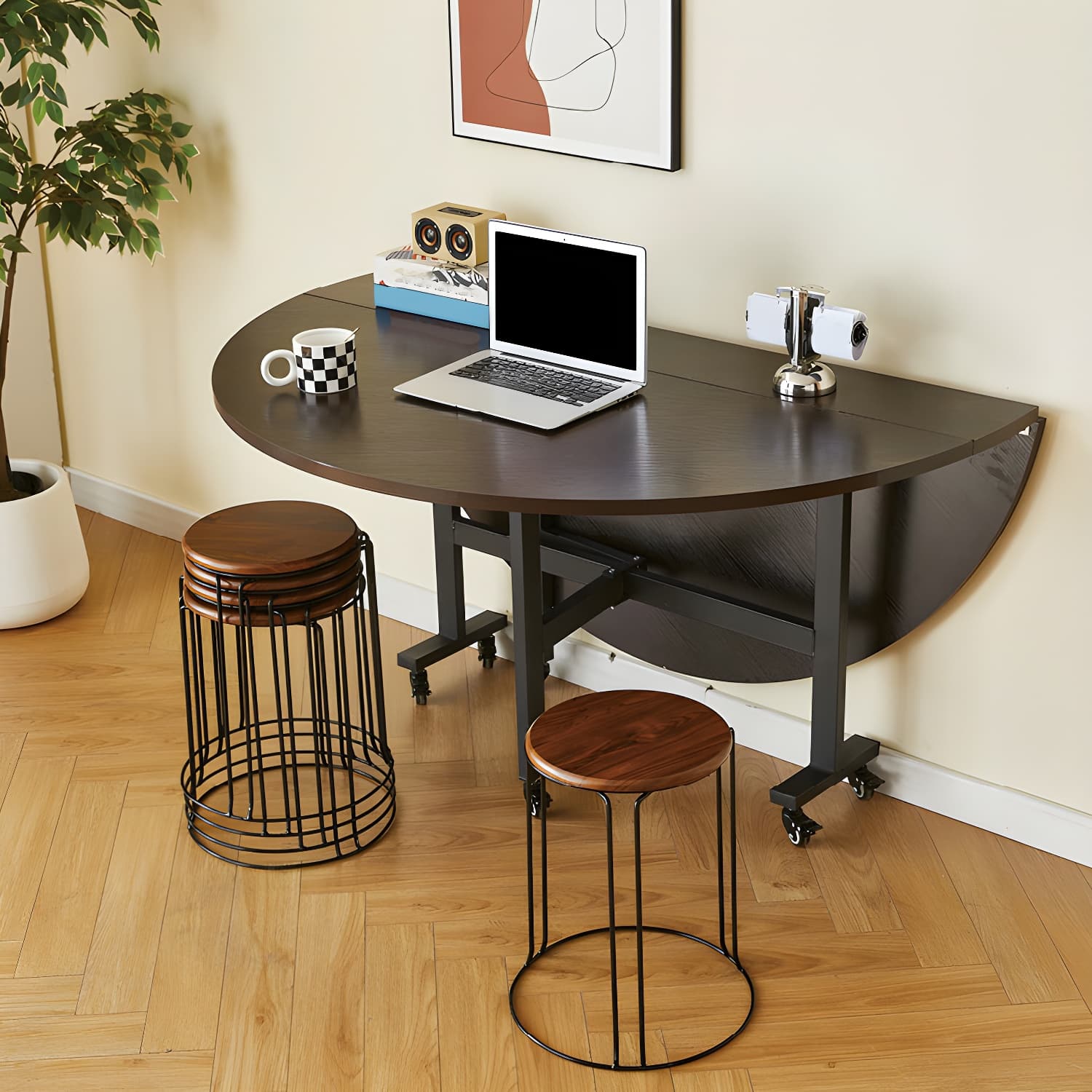 Modern Foldable Manufactured Wood Round Top Dining Table with Movable Steel Black Trestle thumbnail 6