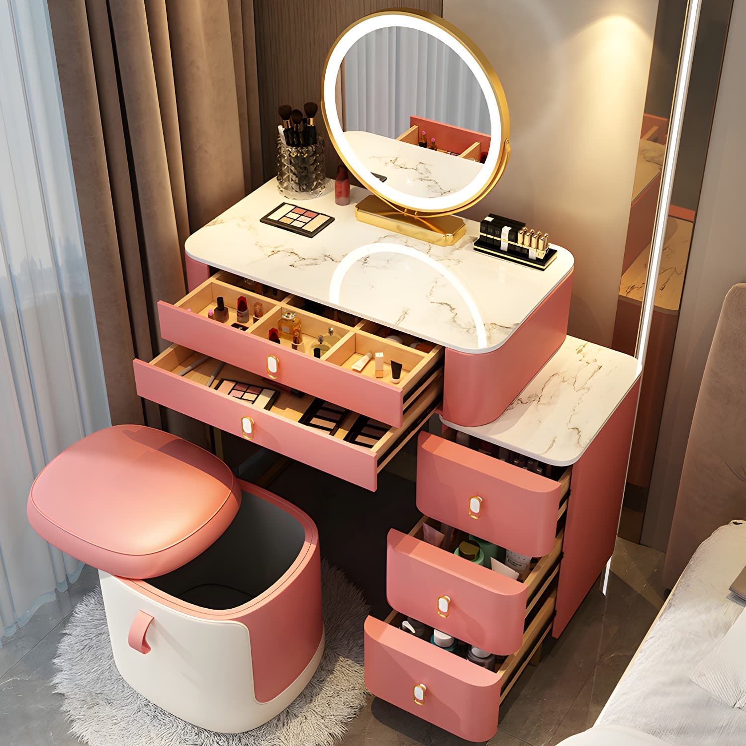 Stone Top Vanity with Storage Drawers Makeup Vanity Desk with Stool and Mirror thumbnail 10