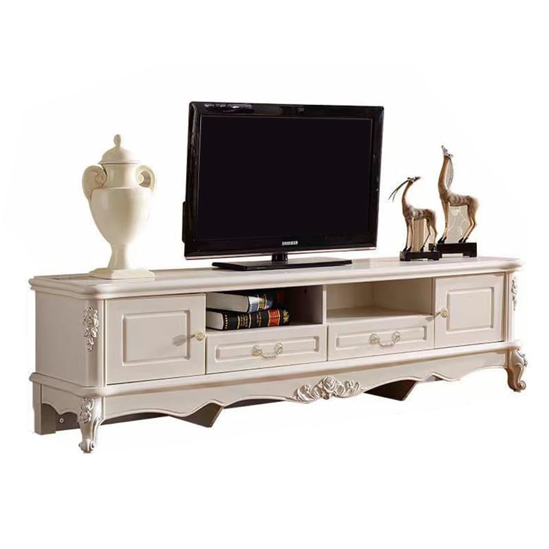 White Wood TV Stand with Drawers and Cabinets featuring Cable Management thumbnail 5