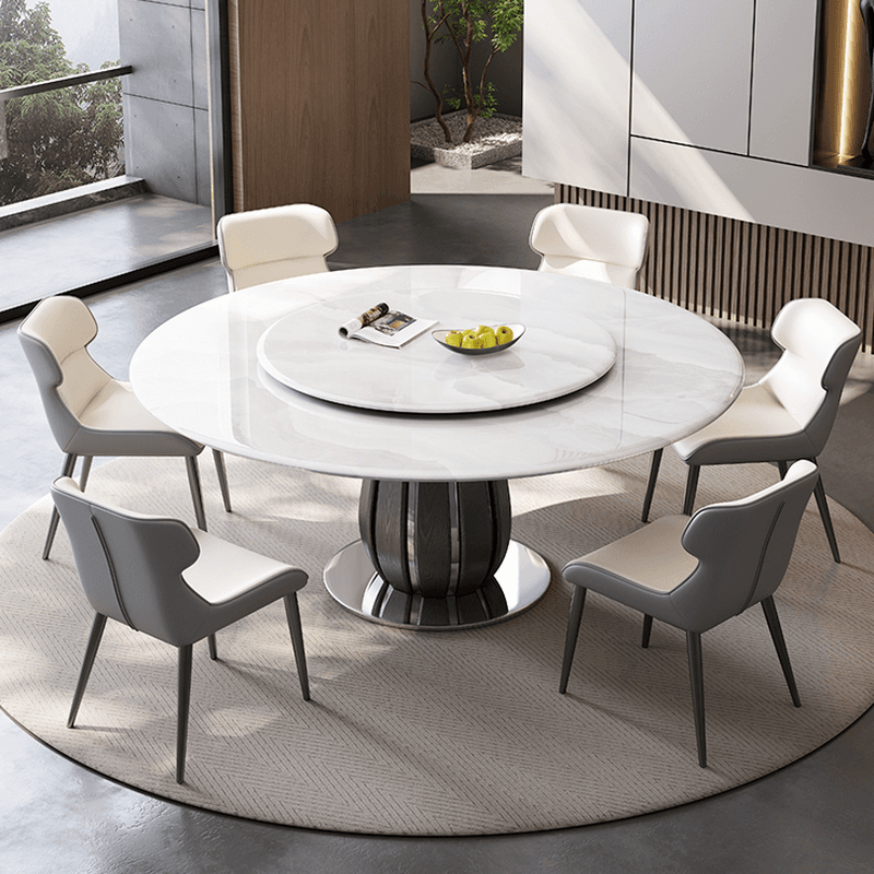 Circular-shaped Slate Stone Dining Table Set with Stump Base, Upholstered Back Chairs, Seats 6 People thumbnail 2