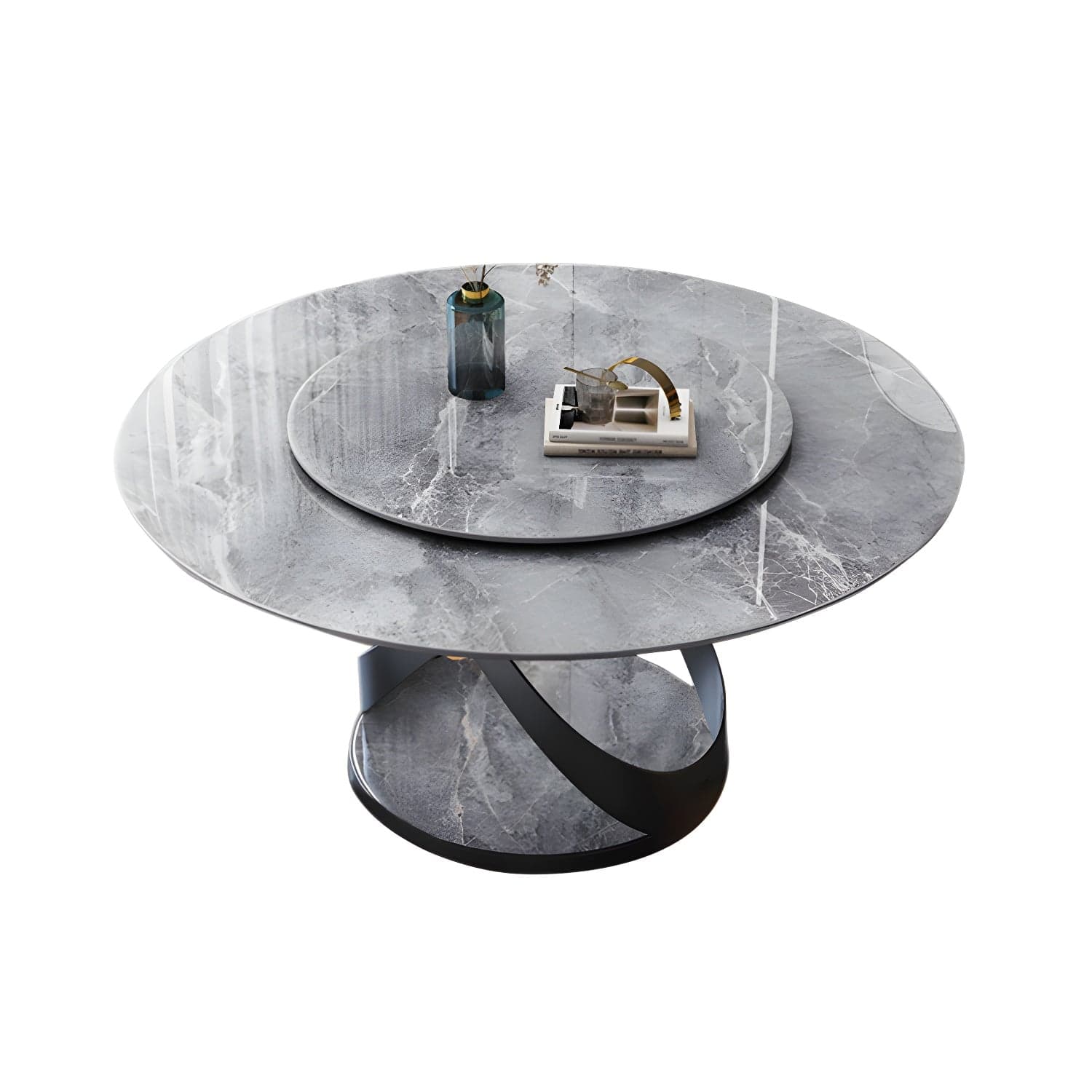 Modern Round Stone Top Lazy Susan Dining Table with Black Steel Pedestal thumbnail 1