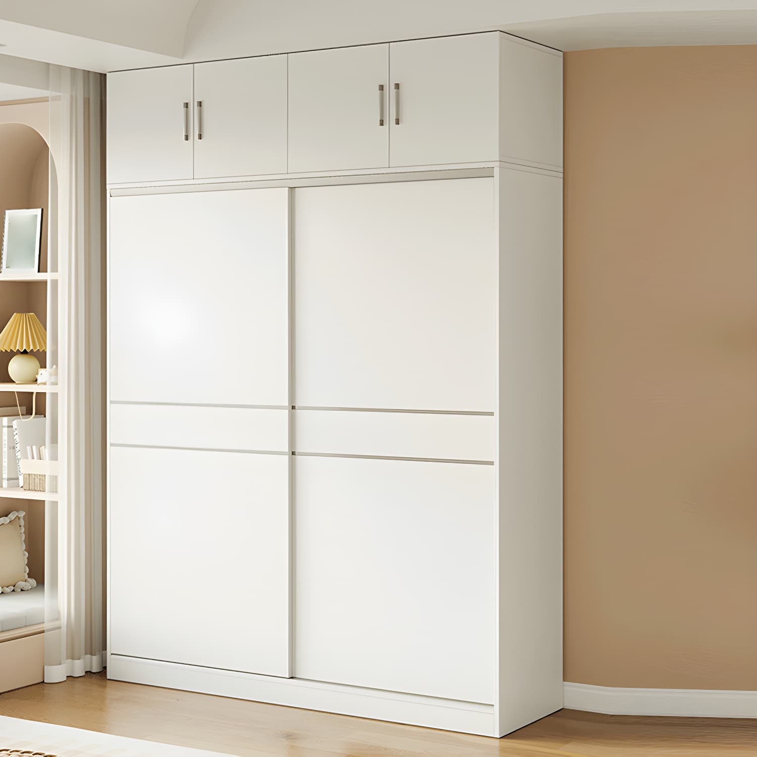 Modern White Wood Wardrobe Armoire with Sliding Doors, Shelves, and Soft Close Drawers thumbnail 4