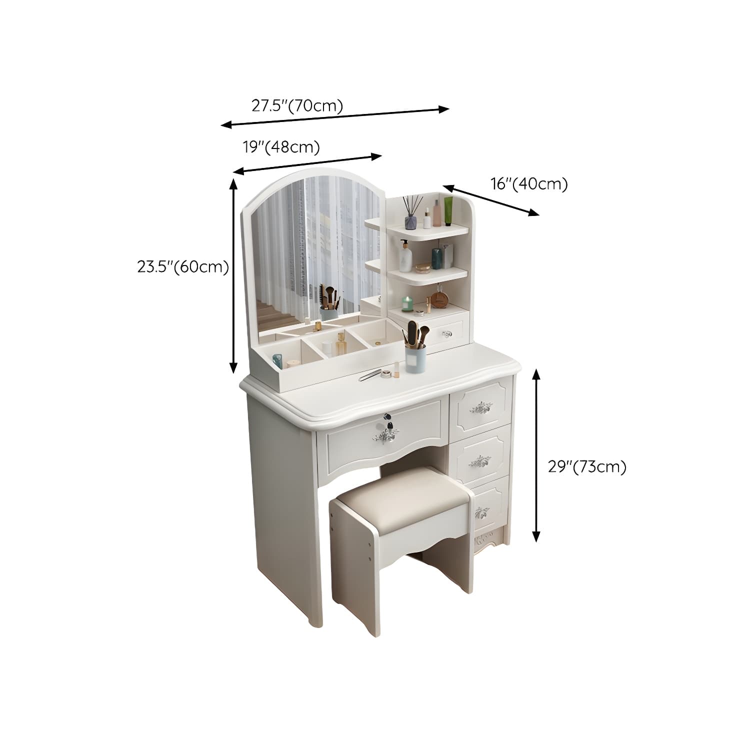 Modern White Wood Makeup Vanity with Seating & Standing Mirror thumbnail 8