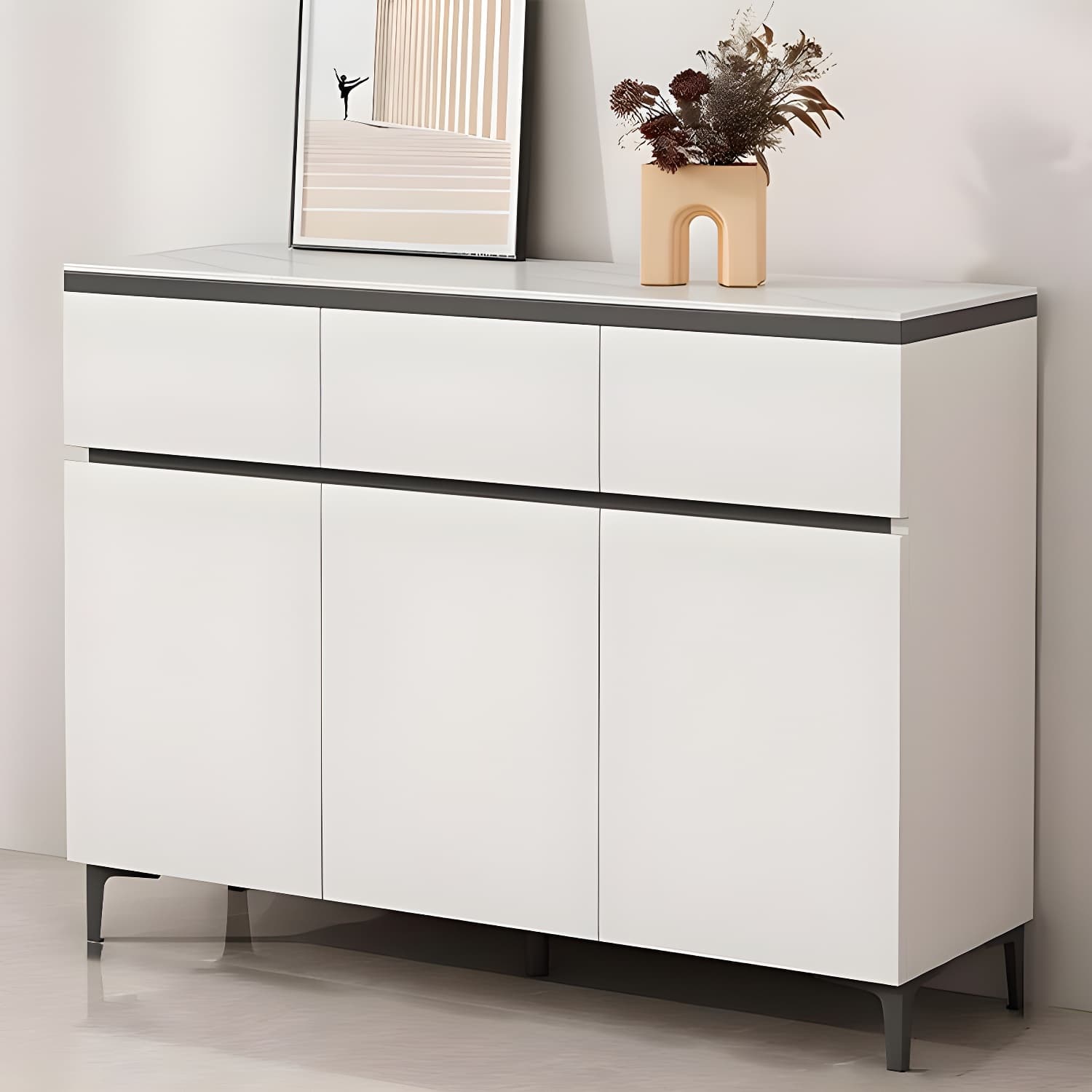 Wooden Modern Stone Countertop Buffet Sideboard with Drawers for Living Room thumbnail 3