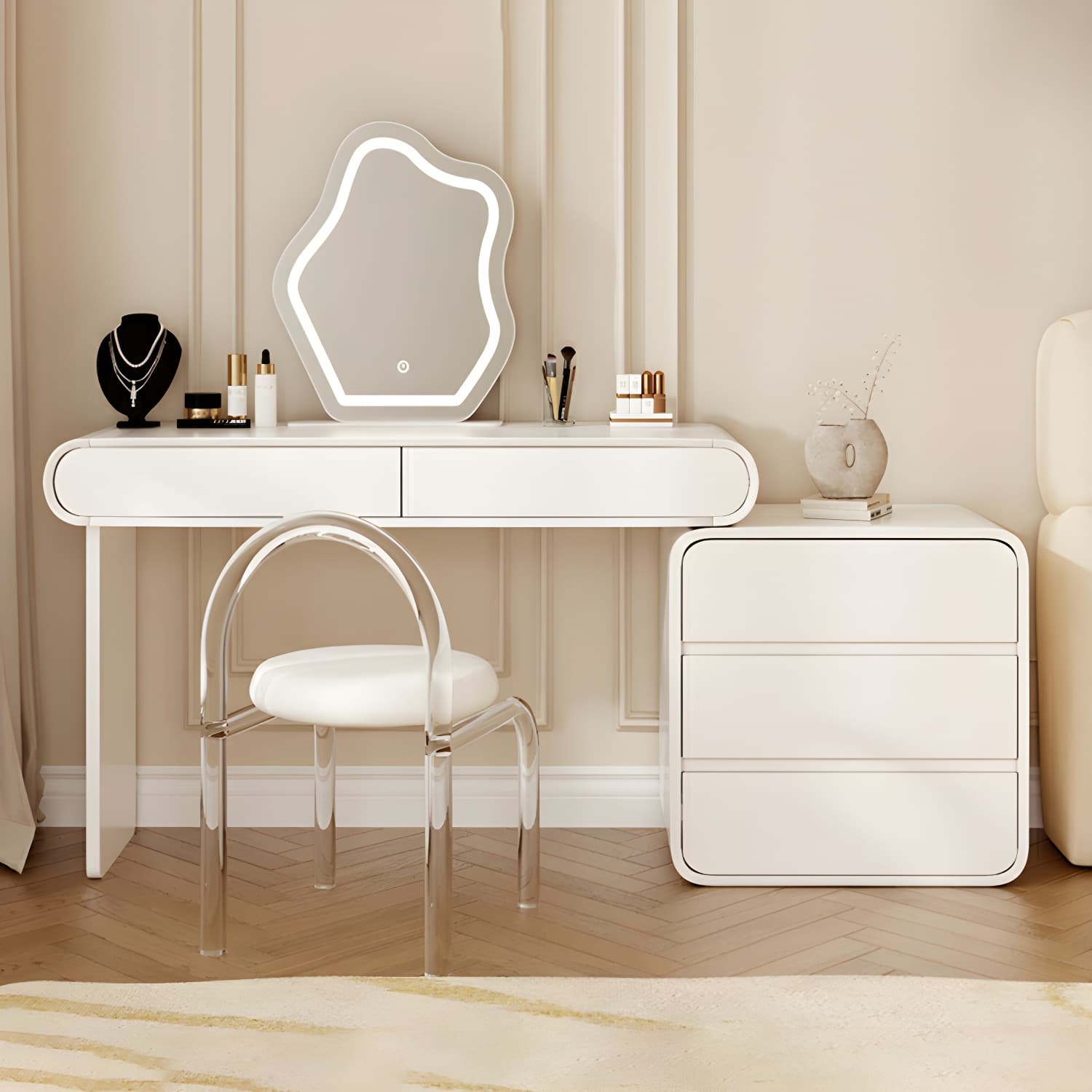 Modern White Wooden Makeup Vanity With Soft Close Drawers & Easy Assembly, Standard Width thumbnail 14