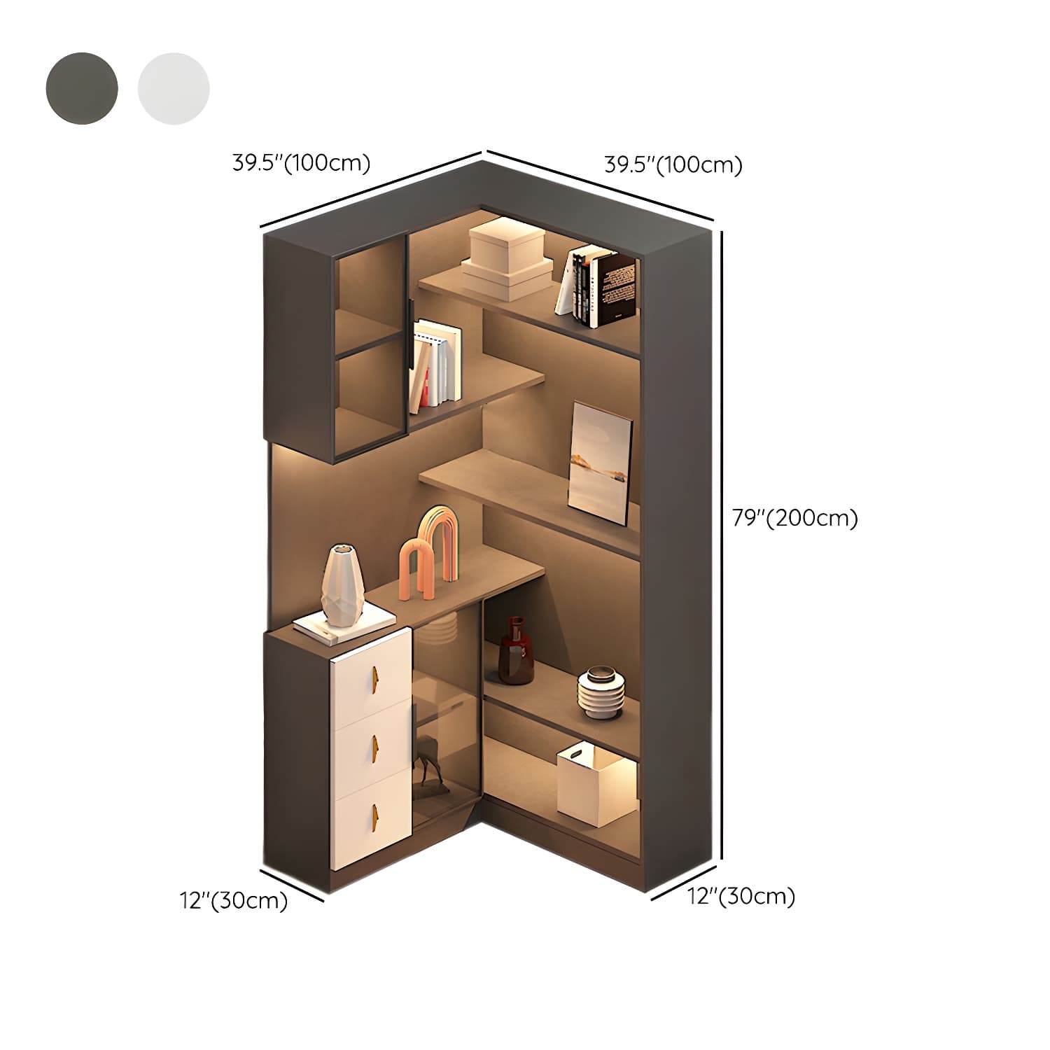 Corner Modern Accent Cabinet with Wood Counter Top, Glass Doors, Drawers, and Adjustable Shelves thumbnail 16