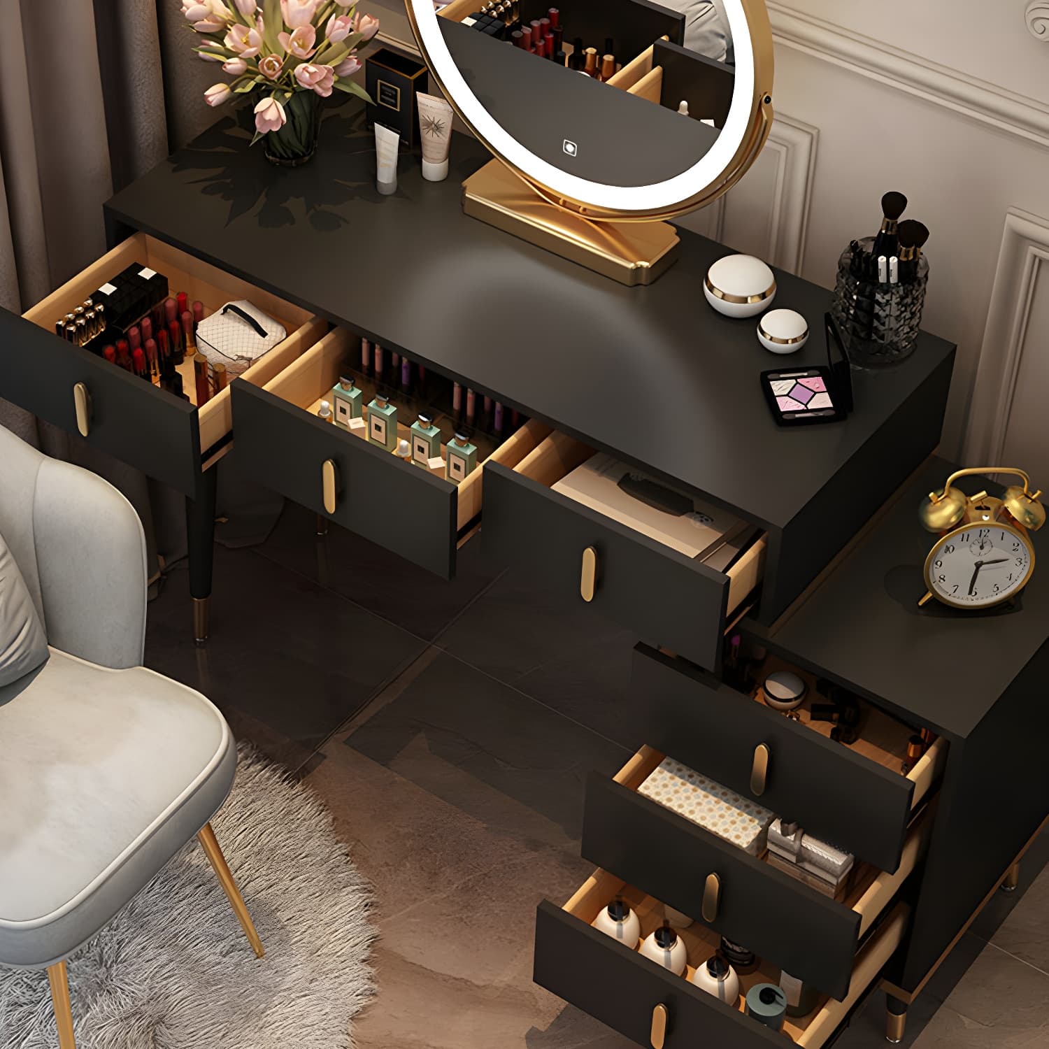 Contemporary Make-up Vanity with Wooden Top and Drawers for Bedroom thumbnail 8