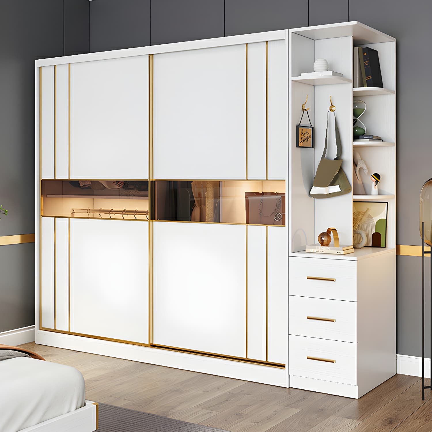 Modern White Wardrobe Armoire with Mirror, Drawers & Clothing Rod thumbnail 11