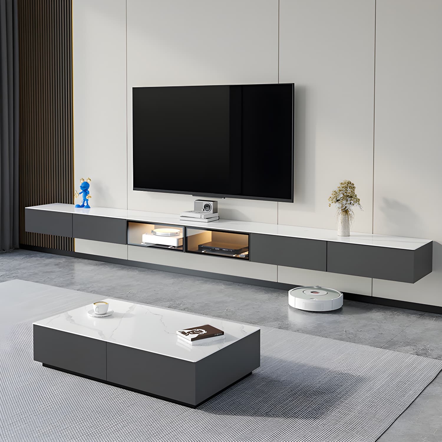 Modern Wall-mounted TV Media Stand Slate Top Wood Frame with Storage thumbnail 4
