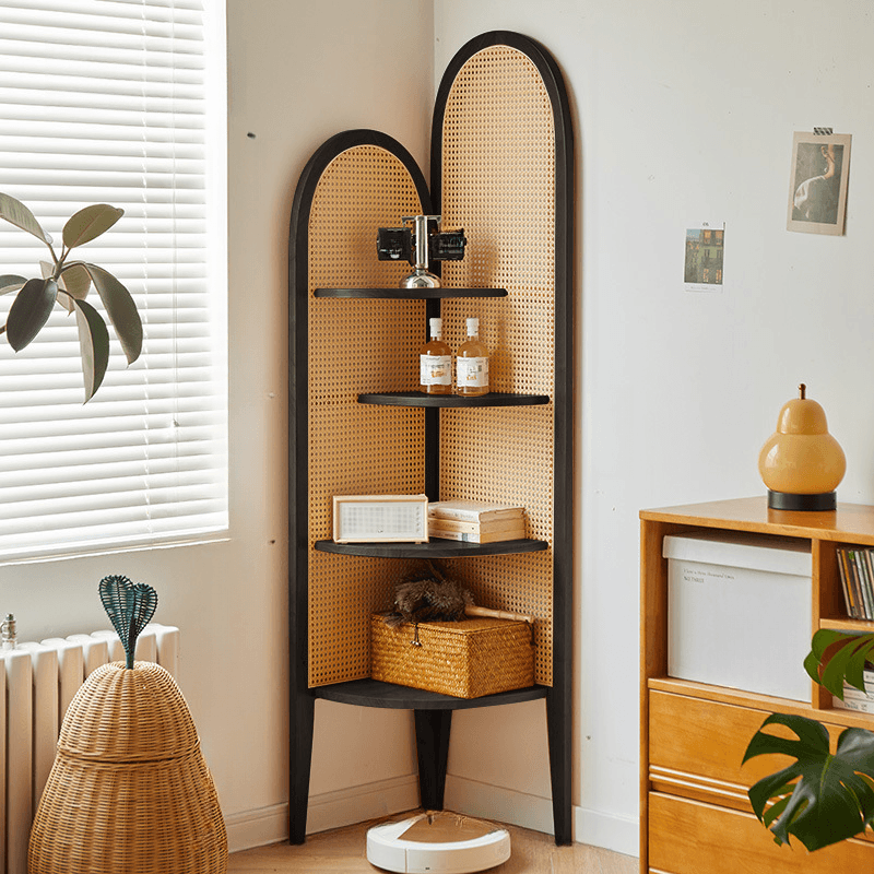 Modern Corner Unattached Accent Chest with 4 Exterior Shelves and Rubberwood Countertop in Black/Brown/Wood Grain thumbnail 1