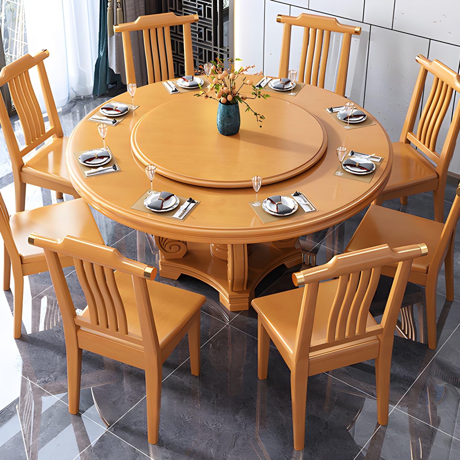 Round Solid Wood Dining Table Modern Turntable Furniture with Pedestal Base thumbnail 15