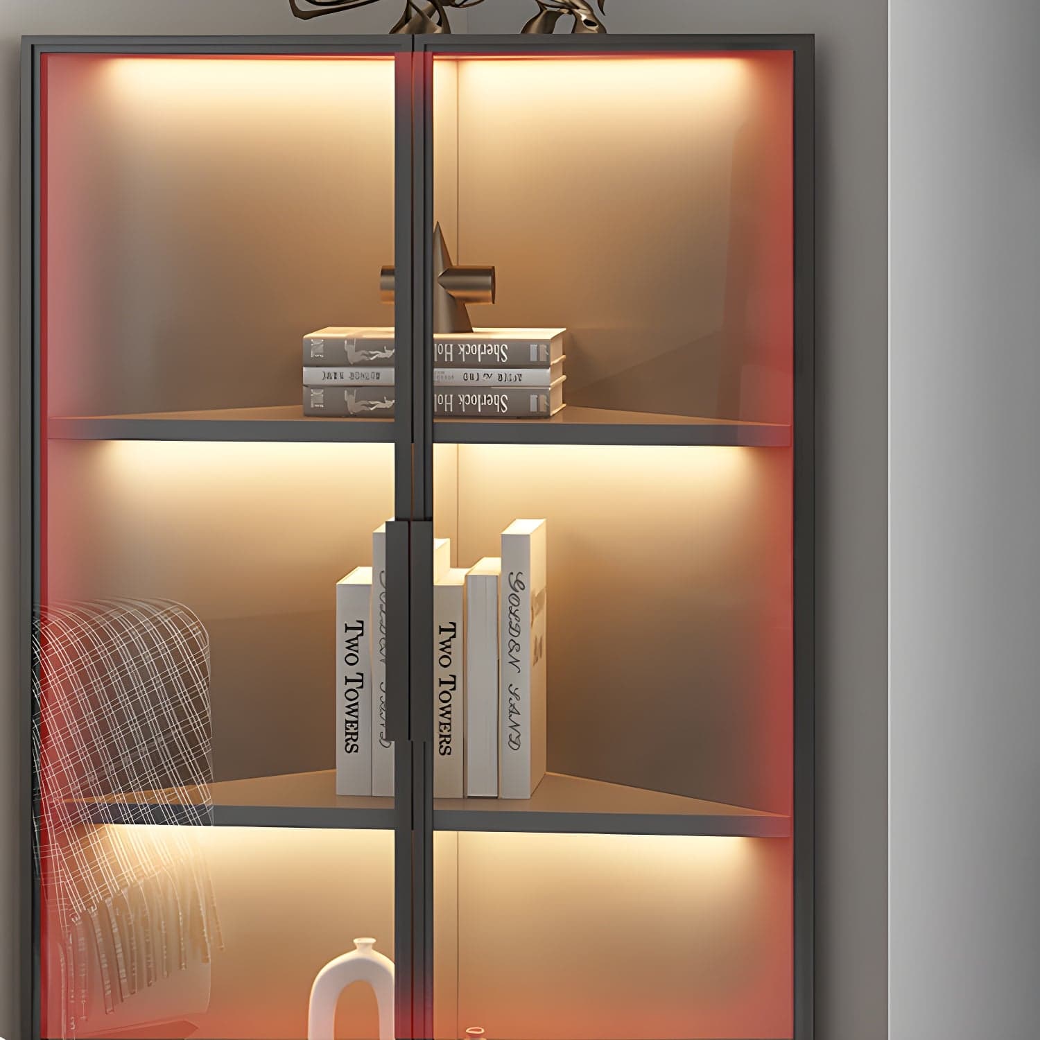 Corner Modern Accent Cabinet with Black Metal Base and Glass Doors, Black Wood Counter Top thumbnail 7