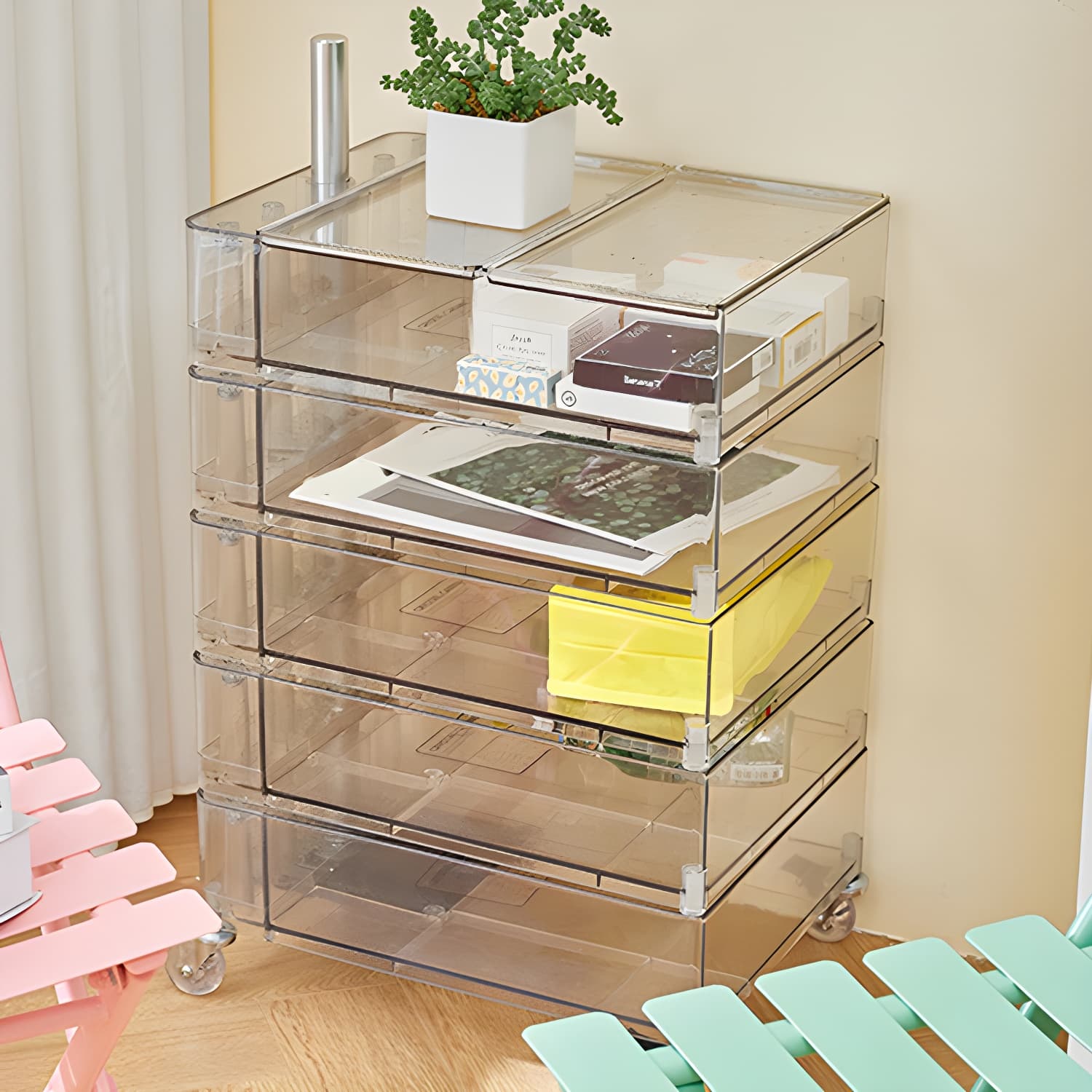 Plastic Nightstand Or End Table 28" Tall Nightstand with Drawers and Wheel thumbnail 15