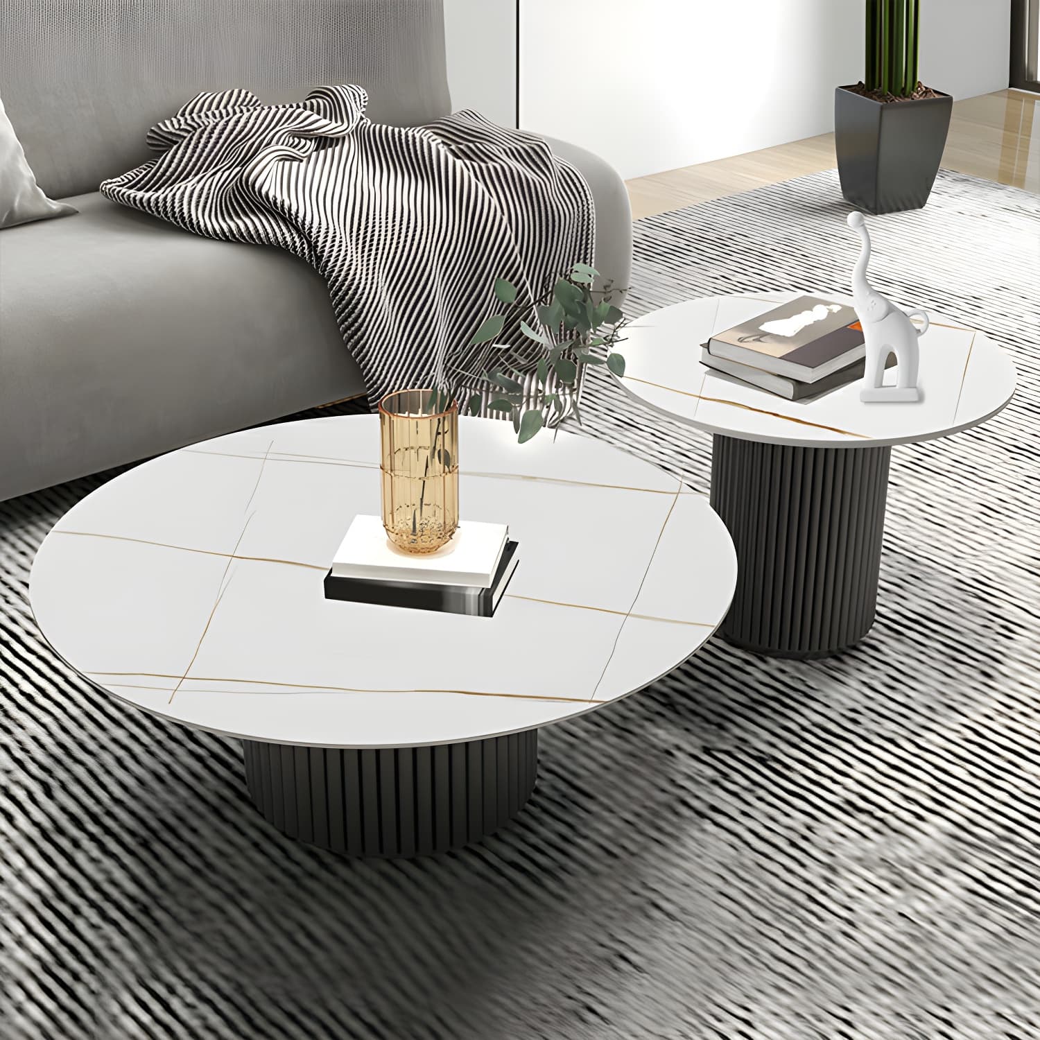 Set of Two Modern Round Black Coffee Tables with White Stone Tops and Iron Pedestal Bases thumbnail 2