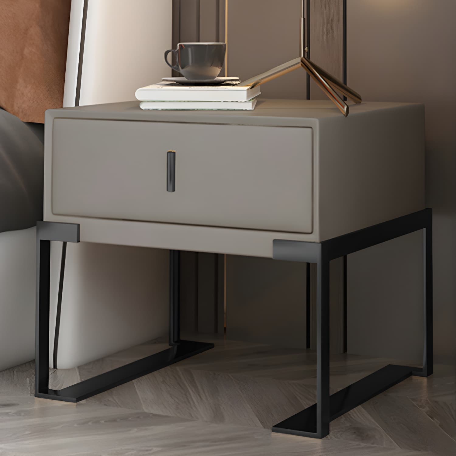 Leather 1 Drawer Nightstand Contemporary Night Table with Metal Legs thumbnail 7