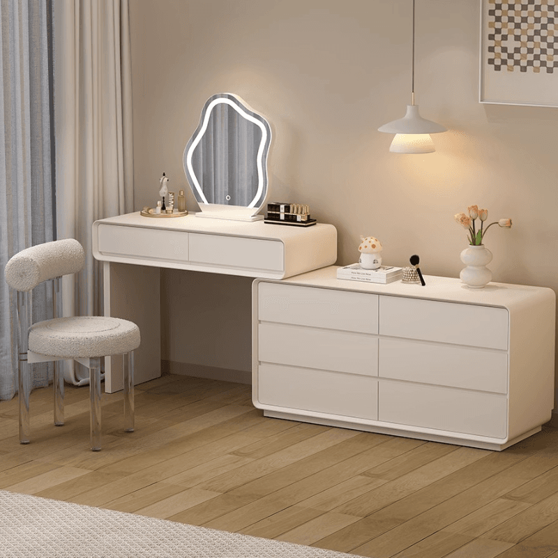 Simplistic Large Vanity Set with Lumber Table Top, White Seat, 8 Drawers, and Mirror Lights thumbnail 2