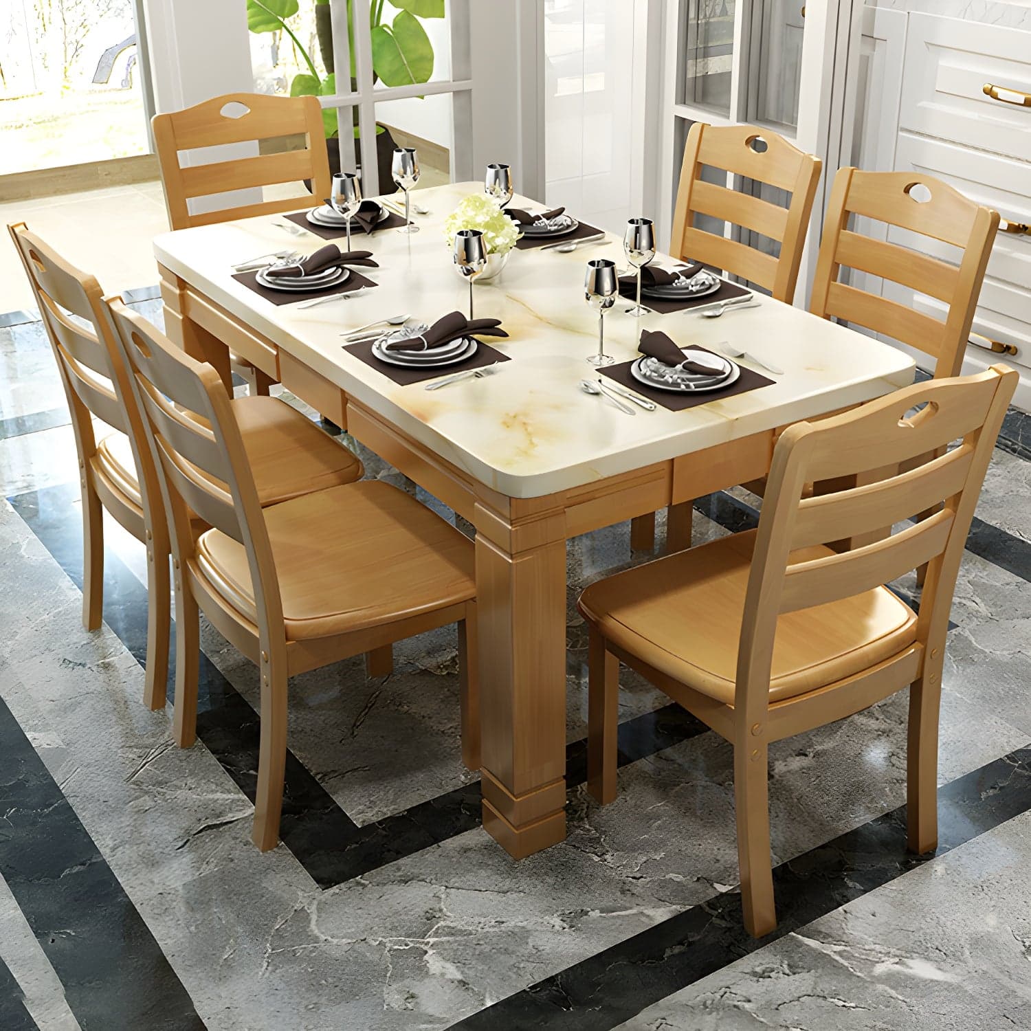 7 Piece Contemporary Rectangle Shape Dining Table Set with Chair thumbnail 3