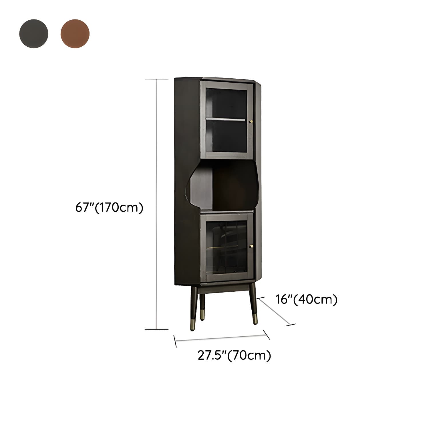 Corner Mid-Century Modern Accent Cabinet with Wood Countertop, Glass Doors, and 5 Shelves thumbnail 18