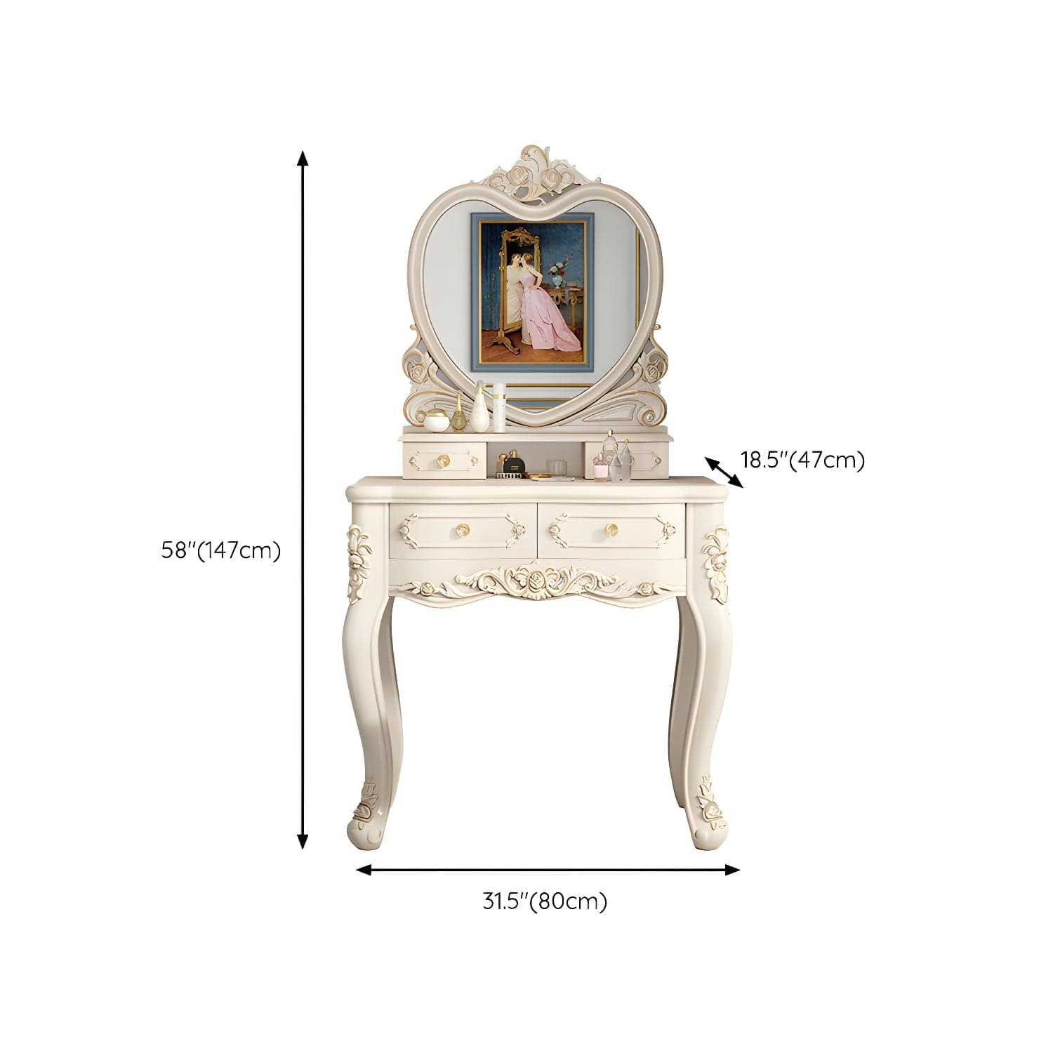 Elegant White Victorian Makeup Vanity Set with Wood Top & Mirror & Drawers & Upholstered Chair thumbnail 15