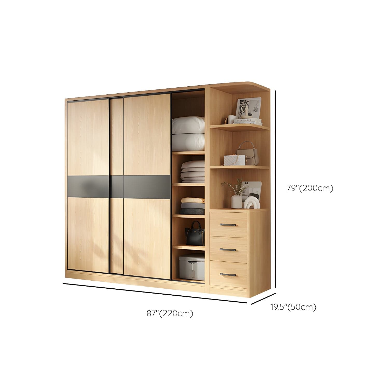 Light Wood Wardrobe Armoire with Sliding Doors, Clothing Rod, and Soft-Close Drawers - image 21
