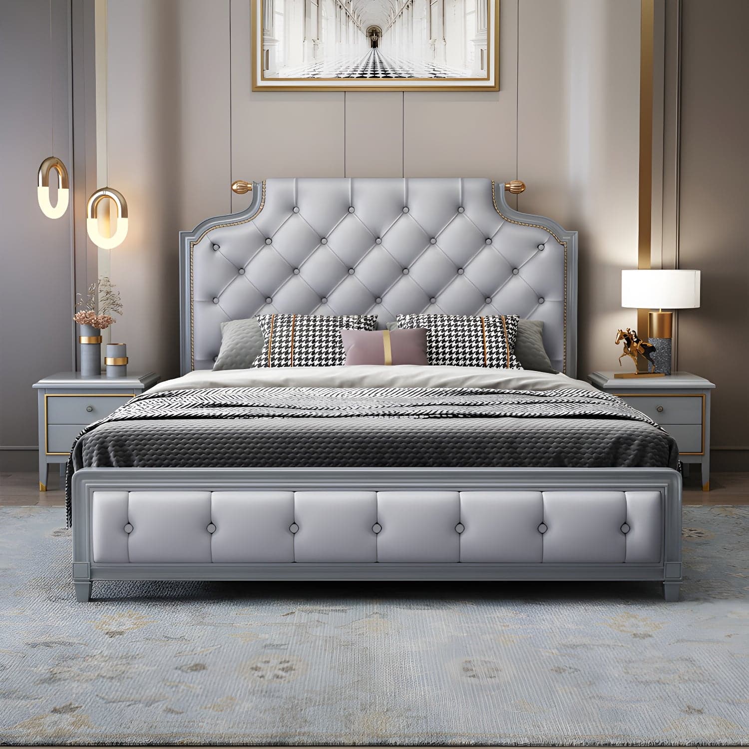 Tufted Upholstered Panel Bed with Nailhead Trim Victorian Solid Wood Bed Frame thumbnail 2