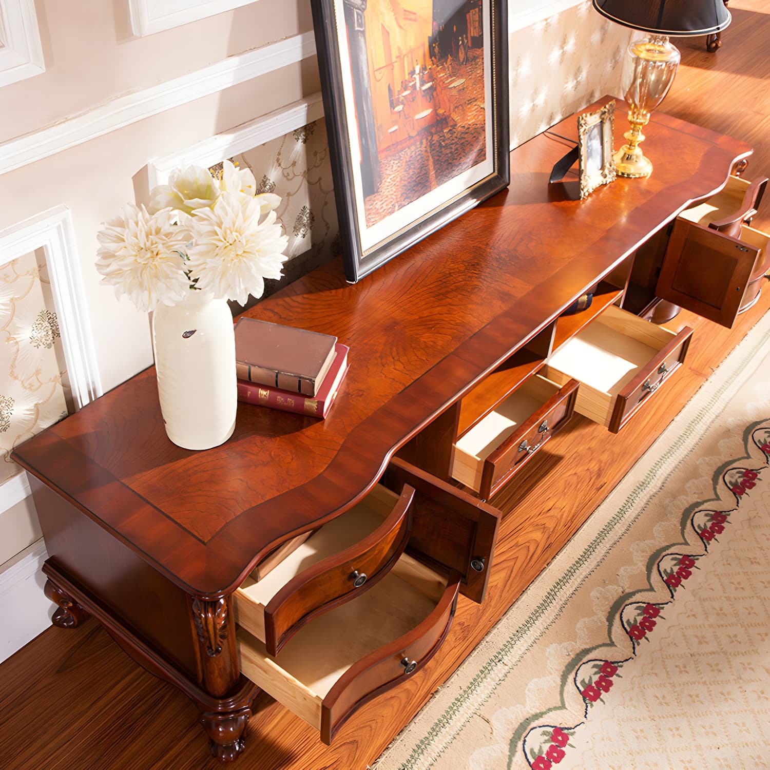 Brown Wooden TV Stand Console Traditional Style Home TV Cabinet with Drawers thumbnail 12