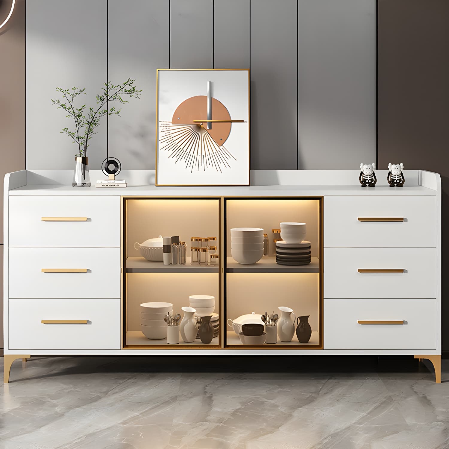 Glamorous Wood Buffet Sideboard with Glass Doors and Open Storage thumbnail 6