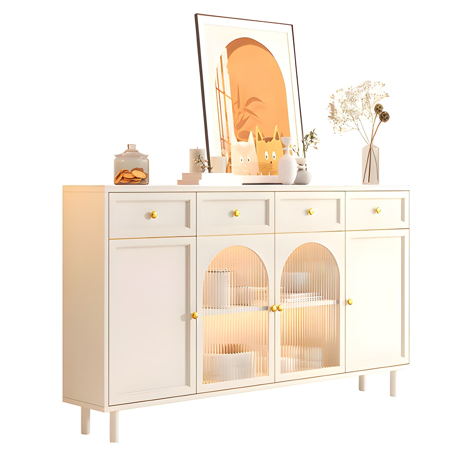 Scandinavian Wood Buffet Sideboard with Stone Countertop and Glass Doors thumbnail 8