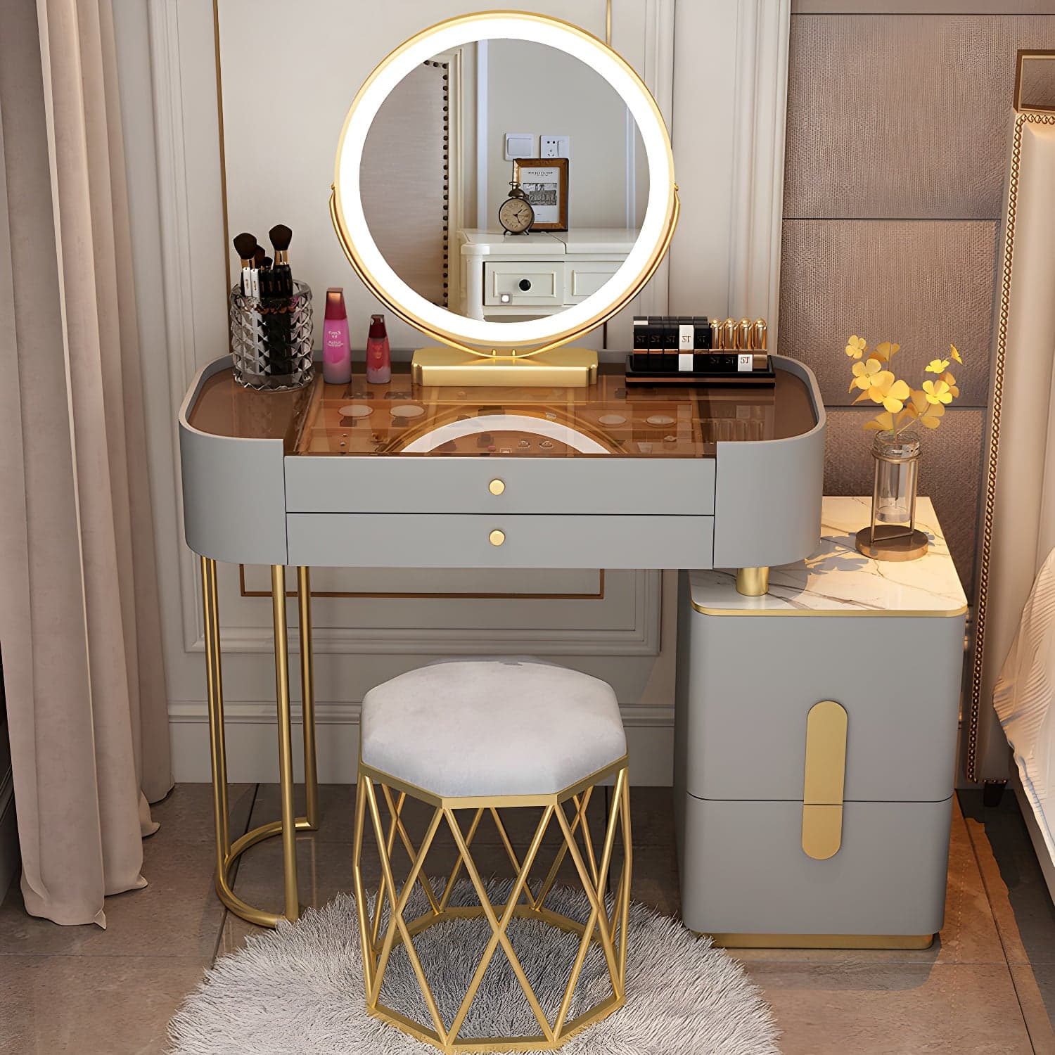 Glass Top Makeup Vanity Storage Box Vanity Dressing Table for Bedroom thumbnail 2