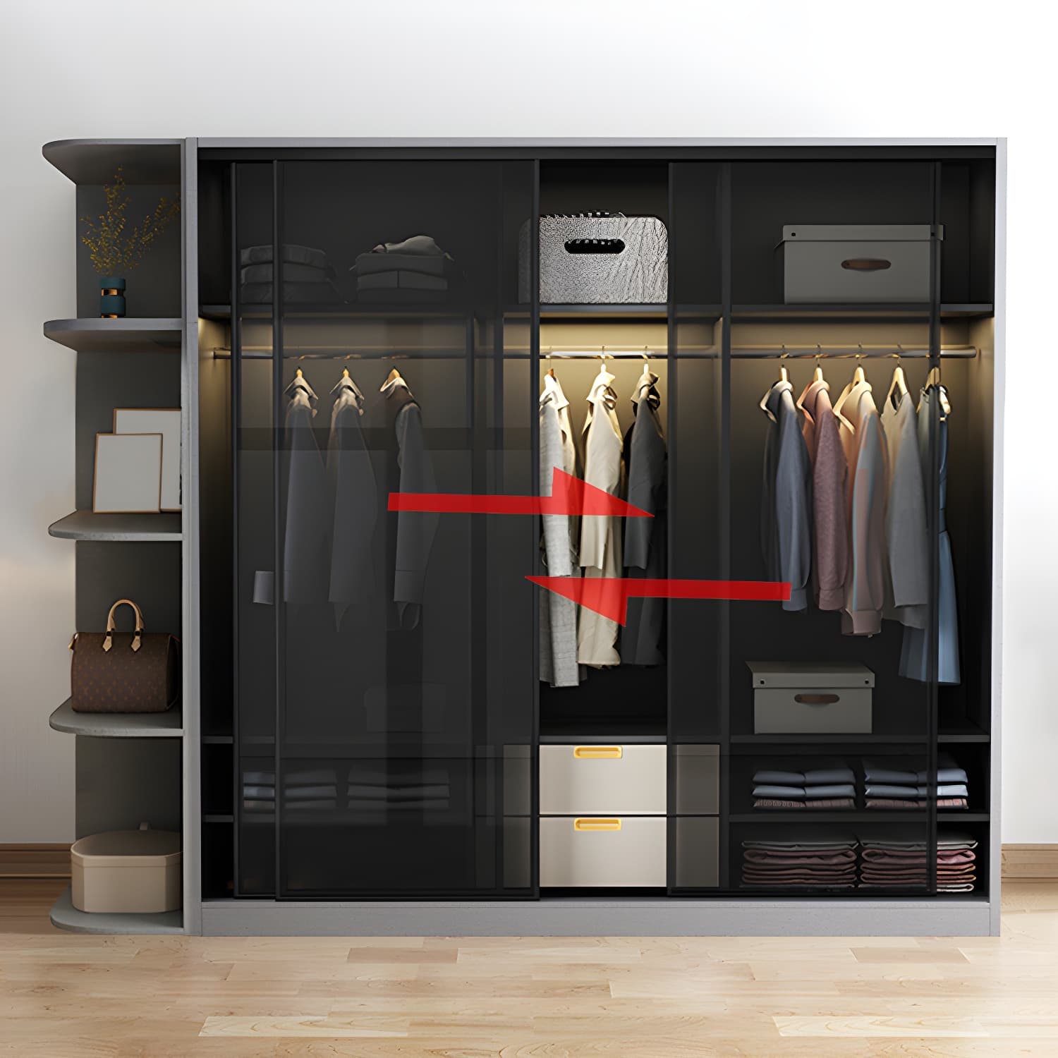 Contemporary Wood and Tempered Glass Wardrobe Freestanding Wardrobe Armoire without Light thumbnail 9