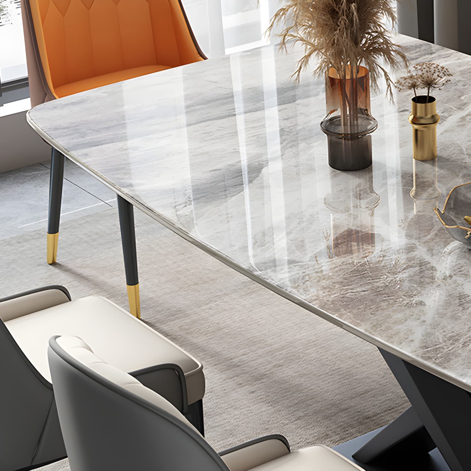 Modern 5/7-Piece Dining Set with Upholstered Chairs in Beige and Slate Table Top thumbnail 6