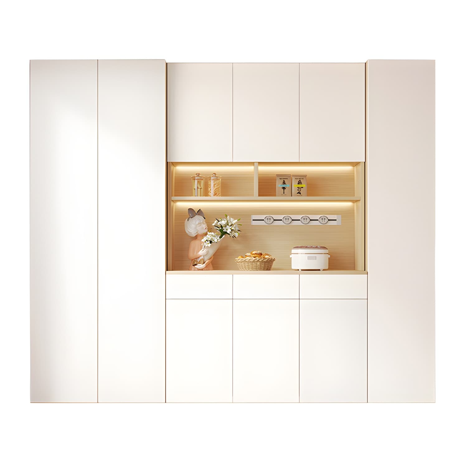 Scandinavian White Wood Buffet Sideboard Cabinet with Cabinets and Shelves thumbnail 9