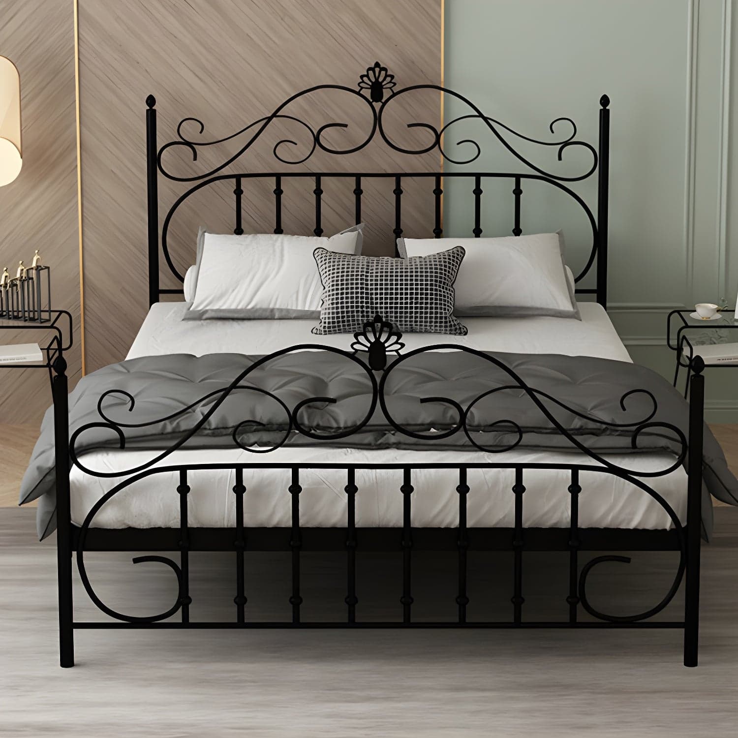 Glam Metal Bed Frame with Camelback Open-Frame Headboard and Footboard thumbnail 1