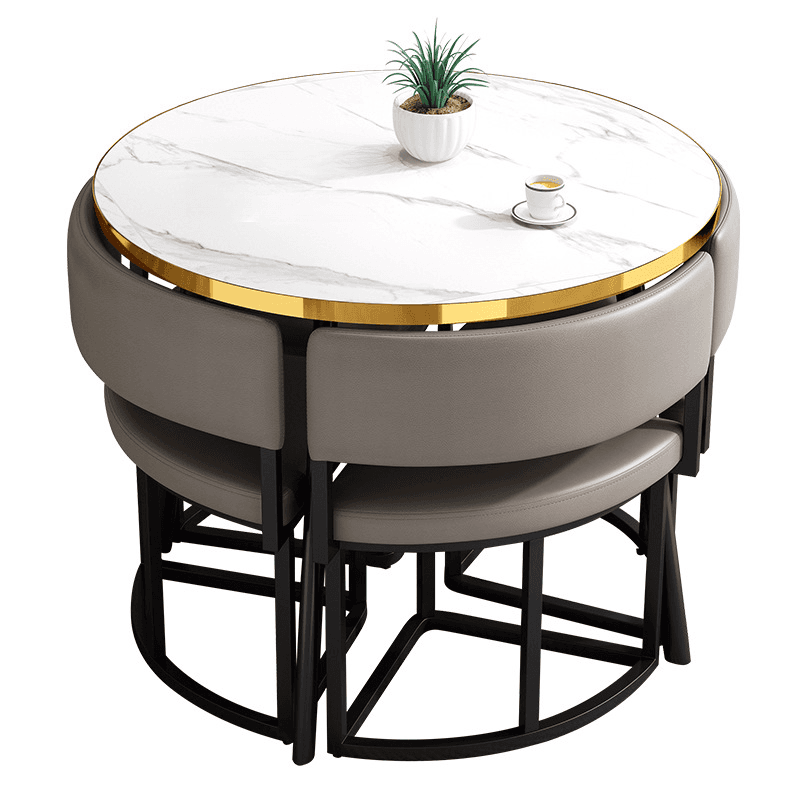 Art Deco Circular-shaped Upholstered Chair Metal & Faux Wood Dining Table Set with Upholstered Back in White, 5 Pieces thumbnail 19
