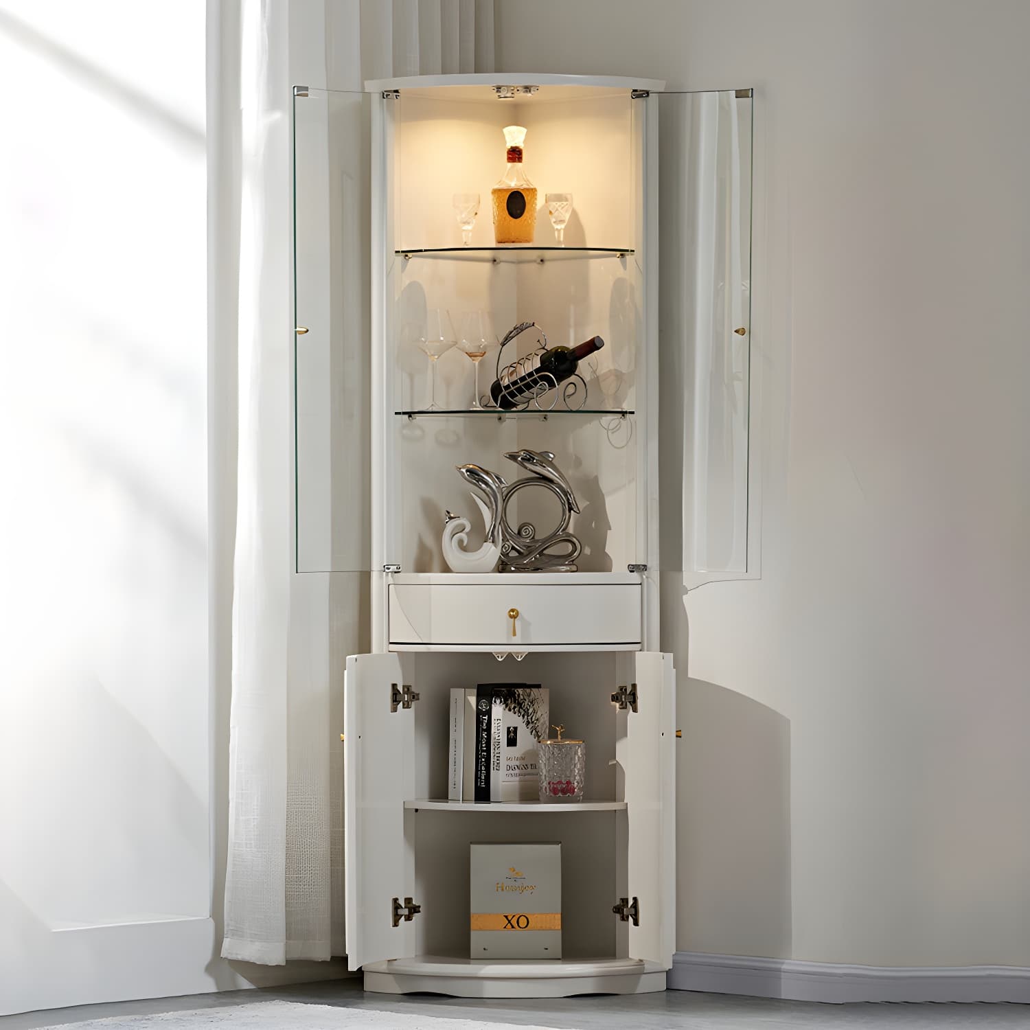 Corner Mid-Century Modern Accent Cabinet with Wood Countertop, Glass Doors, and Drawers Included thumbnail 4
