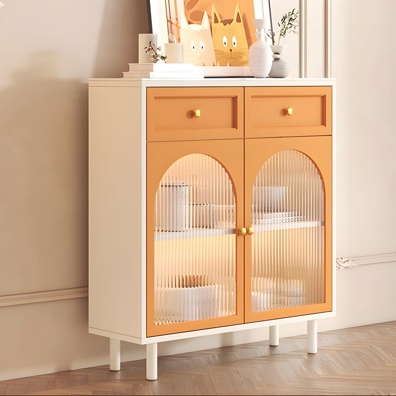Wooden Buffet Server with Stone Countertop, Glass Doors, and Drawers thumbnail 2