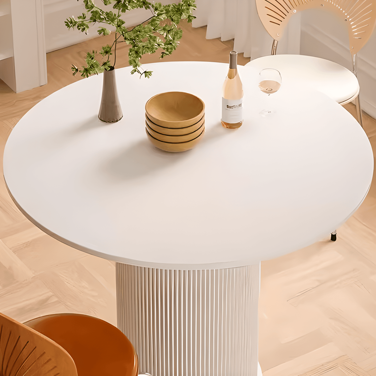 Minimalist Sintered Stone Rounded Fixed Dining Table with Single Ribbed Leg for 2 People/for 4 thumbnail 10