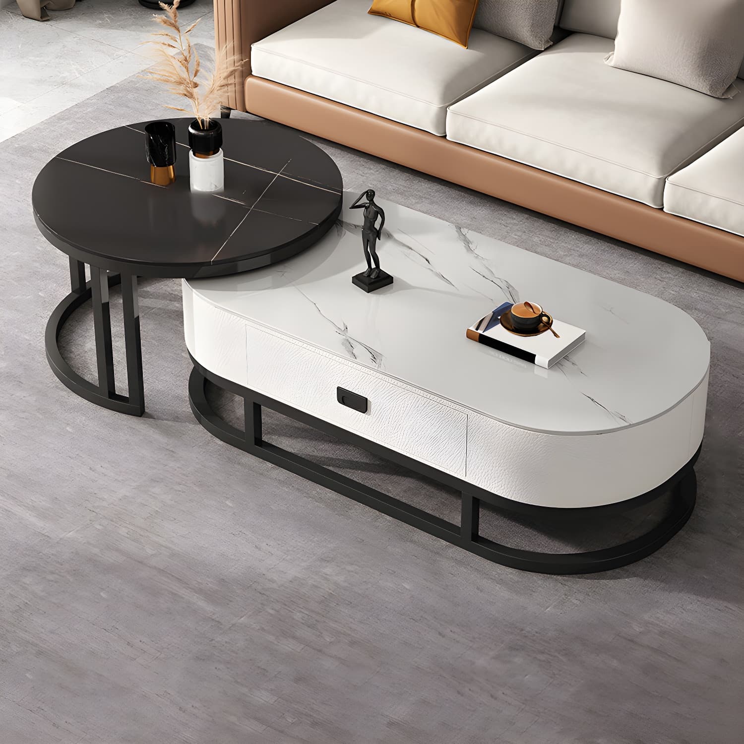 Slate Coffee Table Oval Nesting Coffee Table Set with Metal Legs thumbnail 4