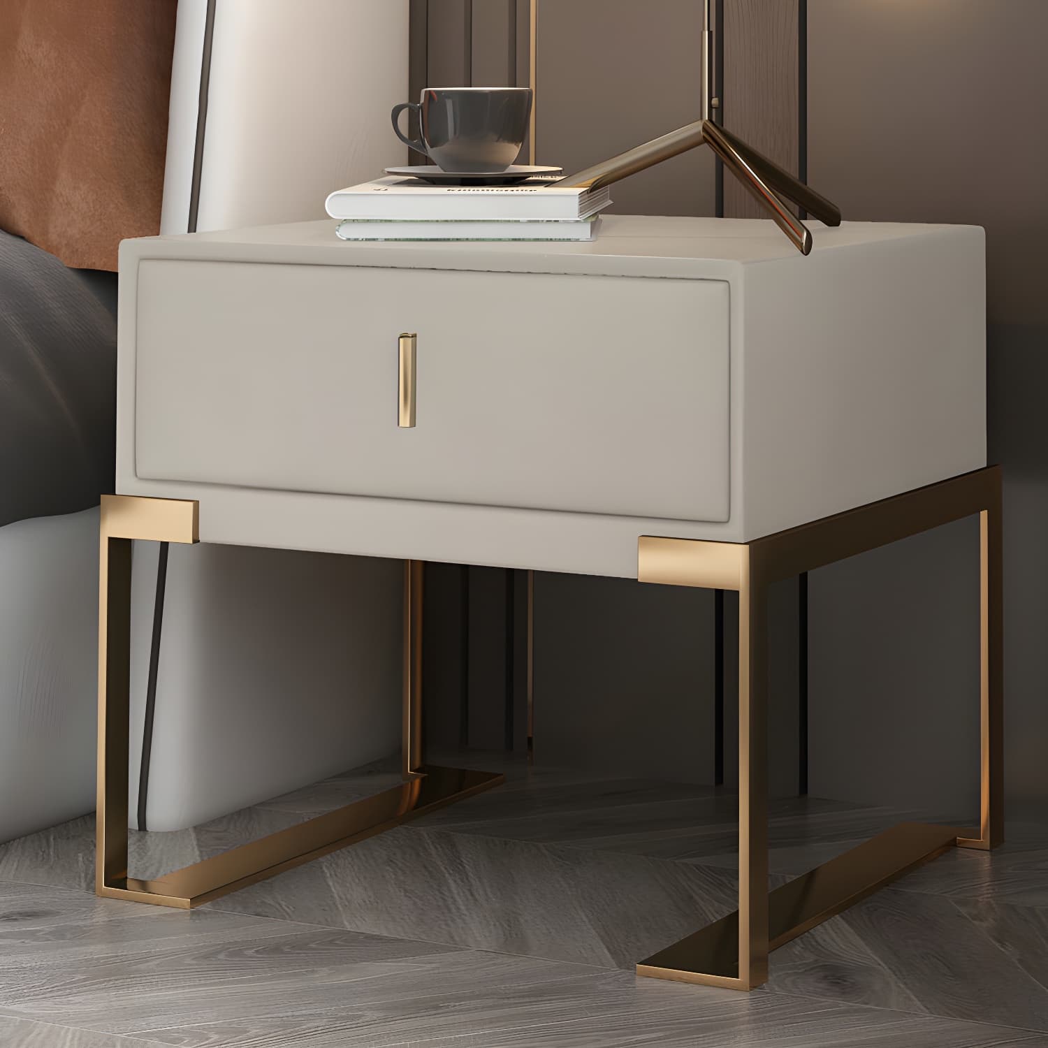 Faux Leather Nightstand 1-Drawer 21 Inch Tall Modern Legs Included Night Table thumbnail 1