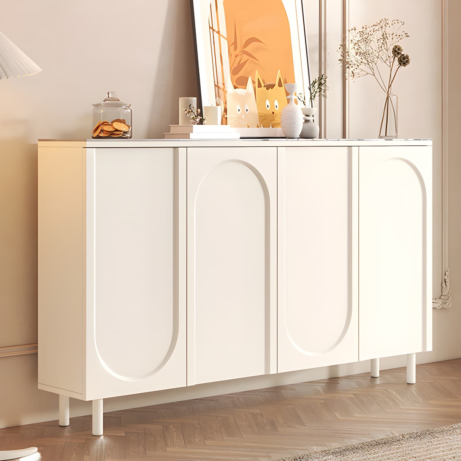 Scandinavian Wood Buffet Sideboard Cabinet with Stone Countertop Shelves Included thumbnail 4