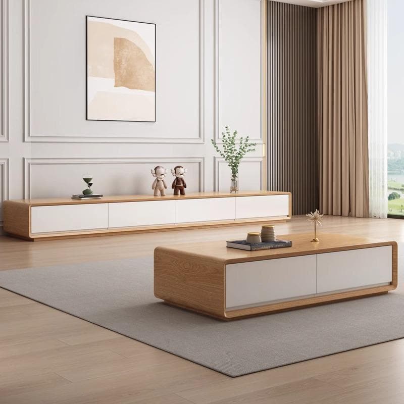 Contemporary Oblong Wood TV Stand in Natural and White with Drawers thumbnail 2